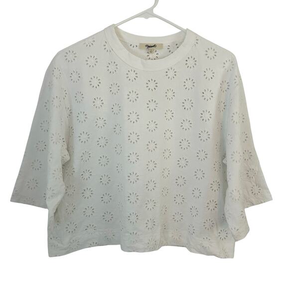 Madewell Women's Floral Eyelet Embroidered Wide-Sleeve Boxy Tee White S New - Picture 2 of 9